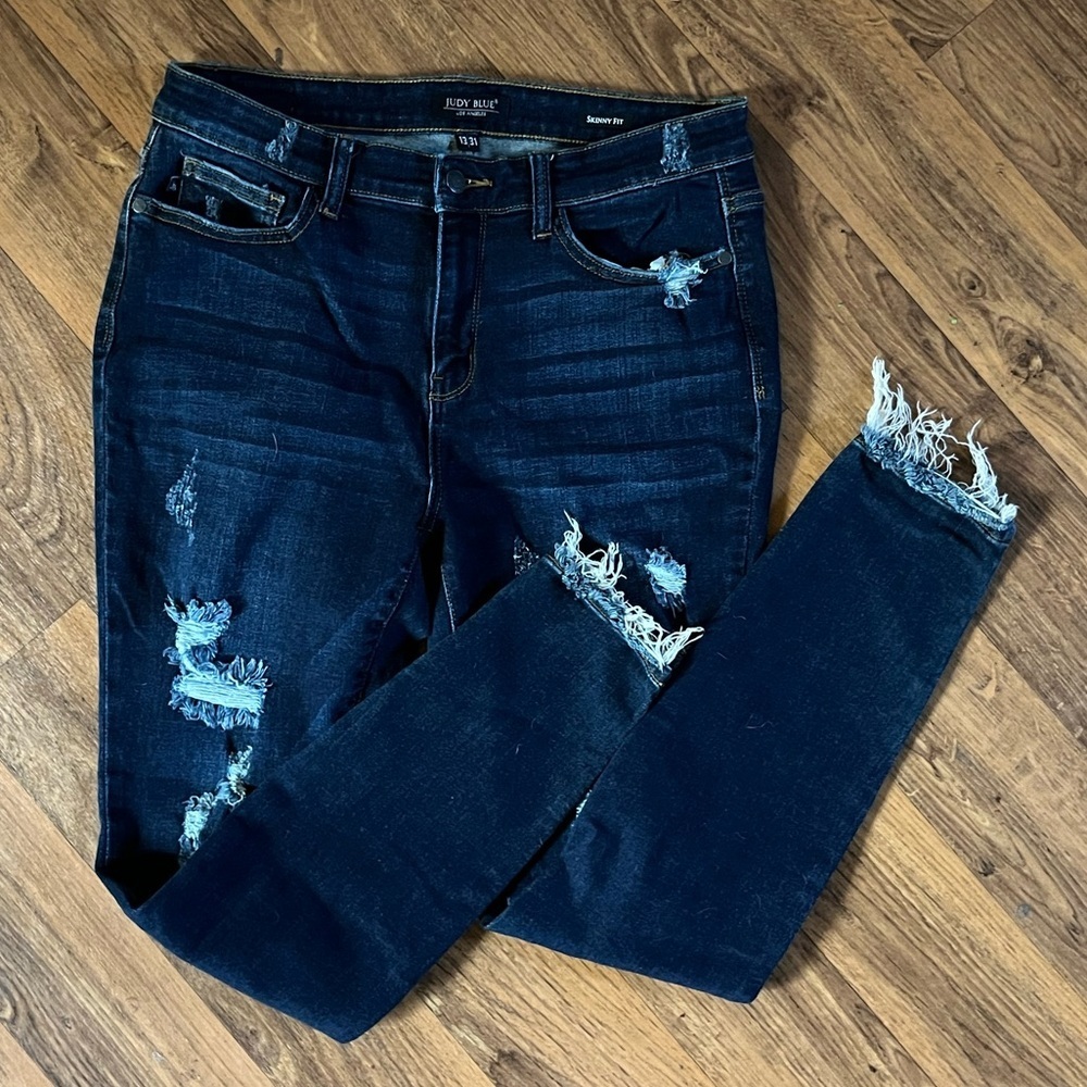JUDY BLUE Dark Indigo Distressed Skinny Fit Jeans